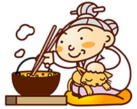 おばあちゃんが鍋でおかきをあげているイラスト